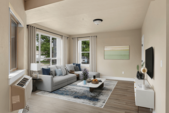 A living room with a grey couch, a blue rug, and a white cabinet.
